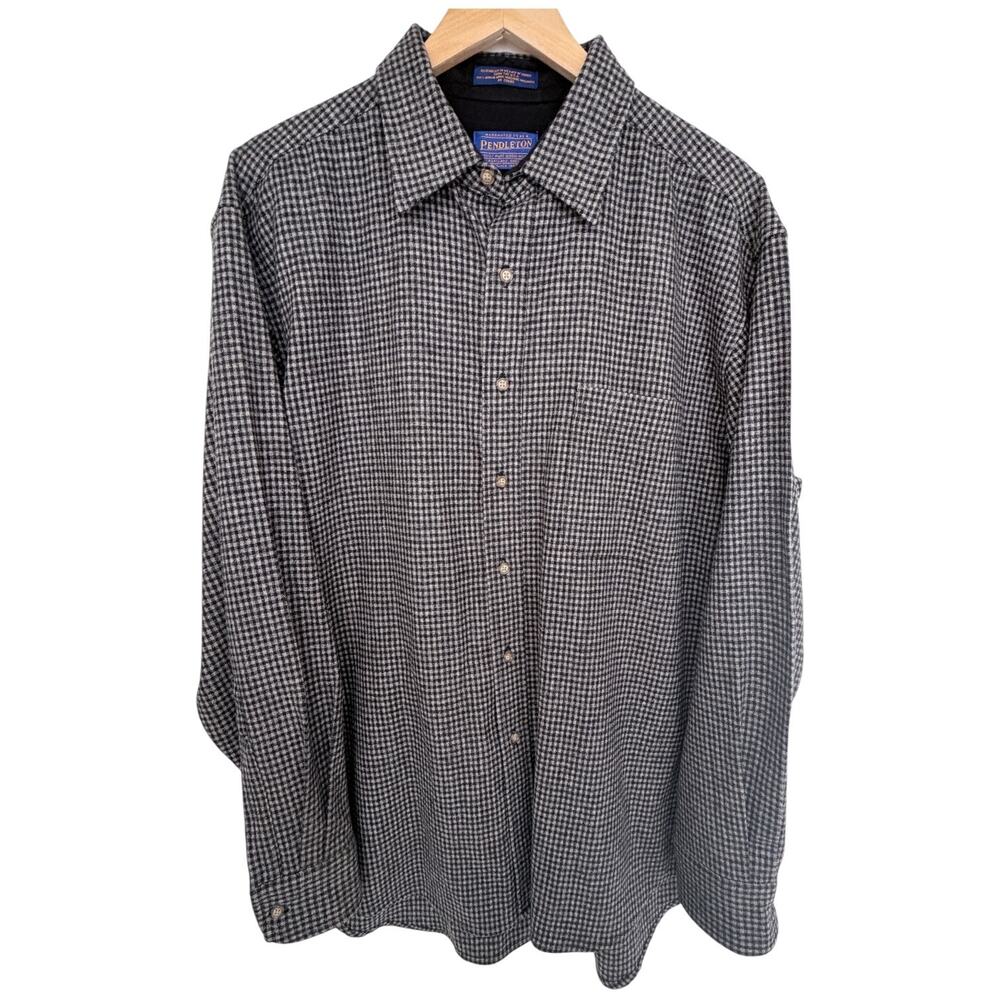 Pendleton Wool Button Front Shirt Mens Large Gray Black Check Long Sleeve